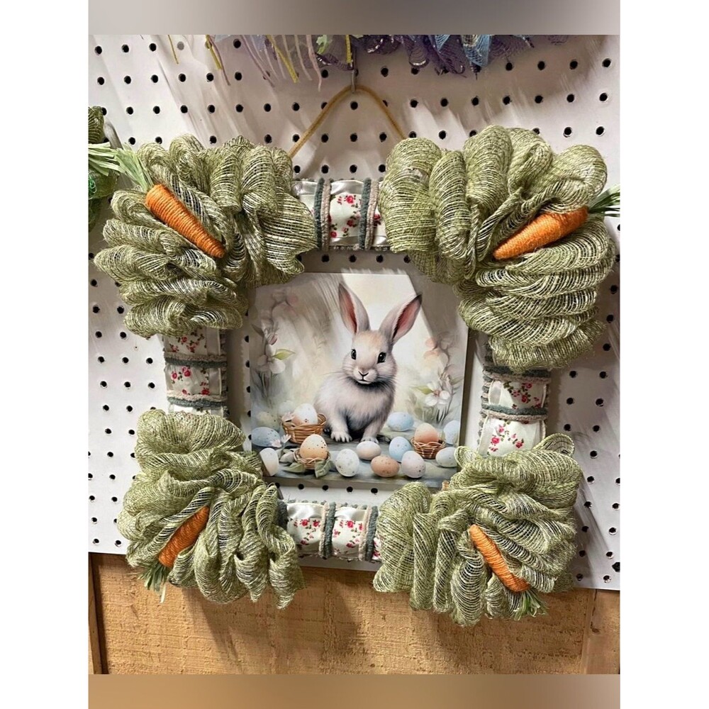 Spring Easter Bunny Holiday Wreath Frame Ribbon, yarn and burlap mesh wreath